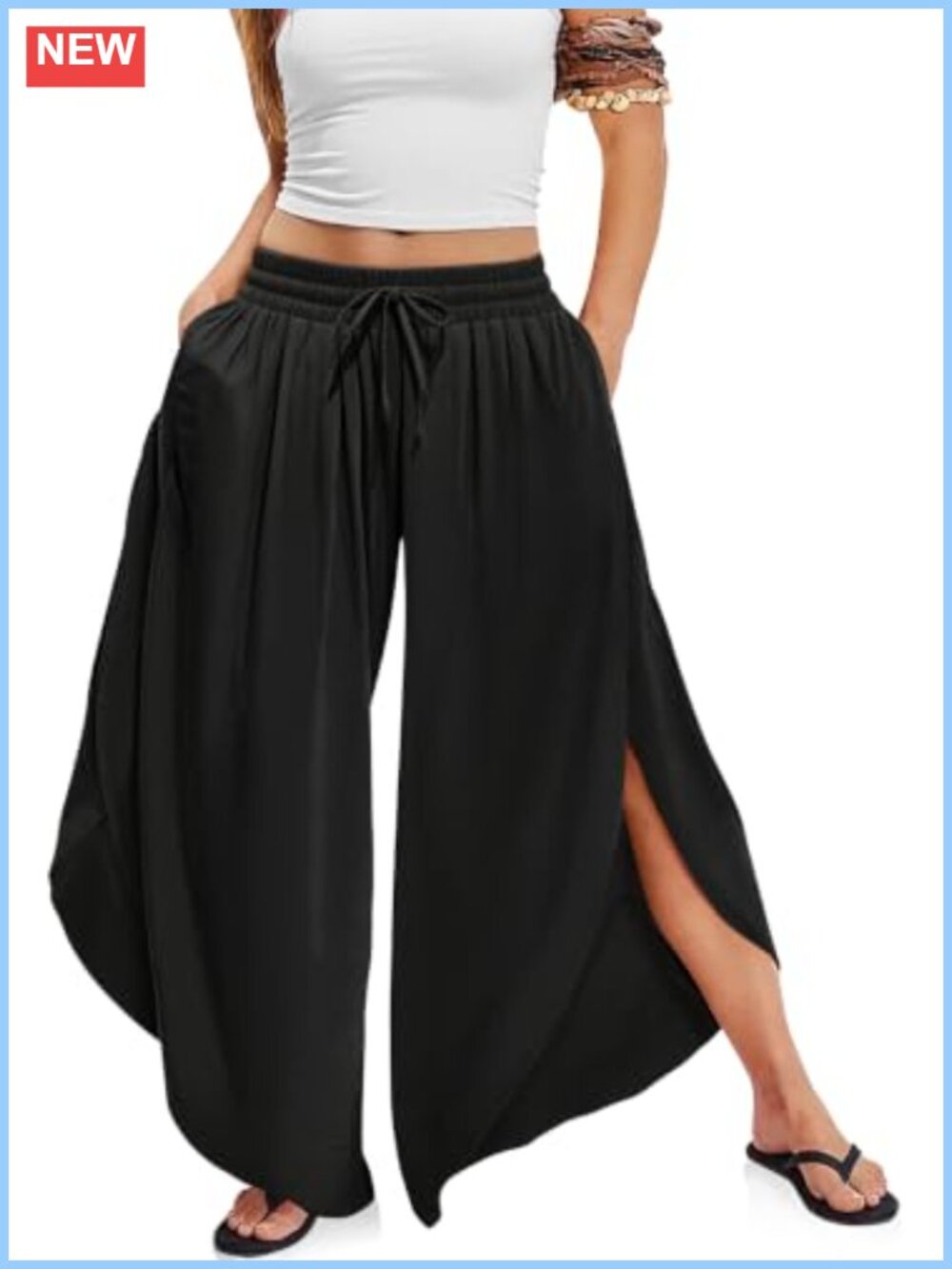 Linen Wide Leg Pants Side Slit Palazzo High Rise